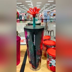Starbucks 2022 Holiday Green Floral Venti Tumbler with Poinsettia Straw Topper